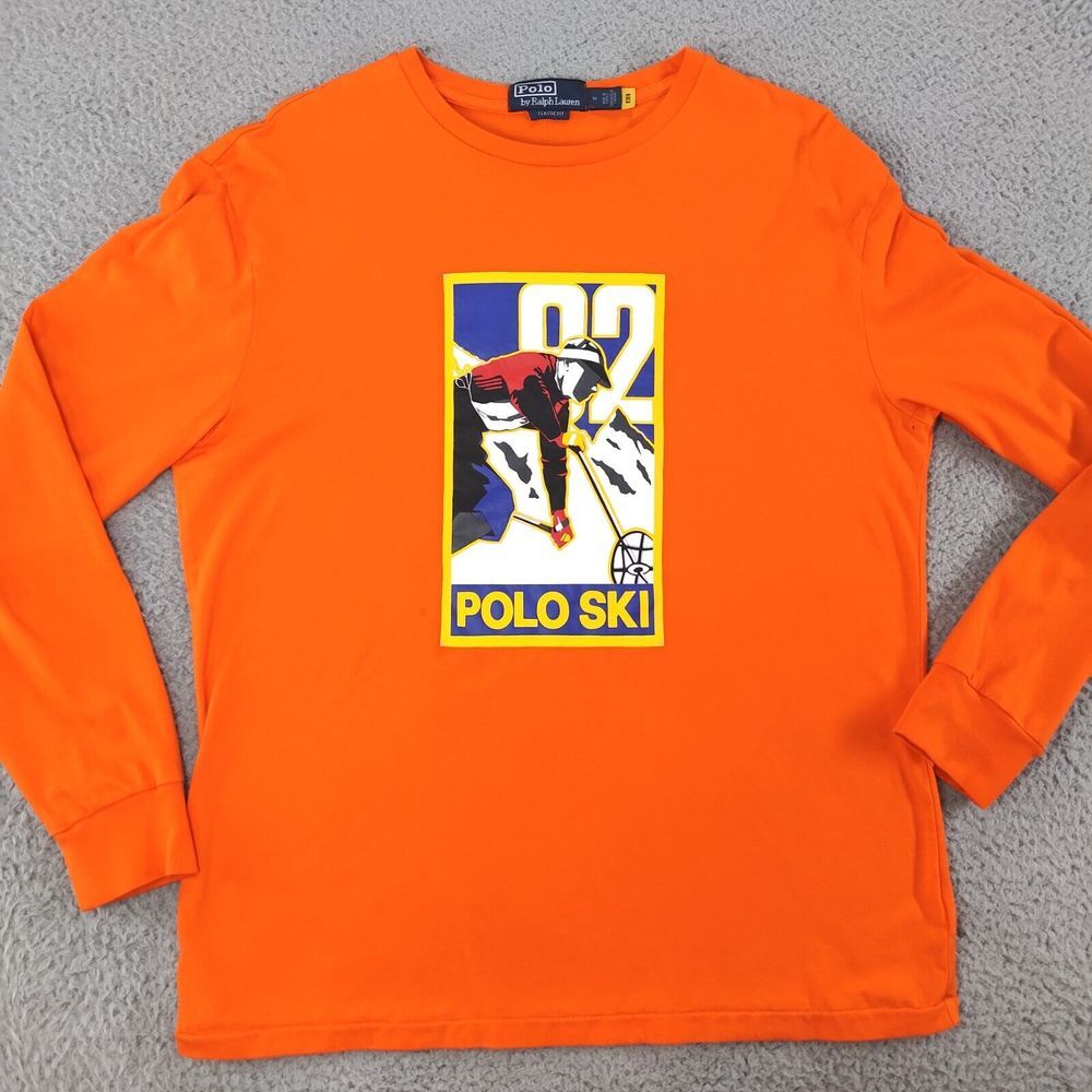 Polo Ralph Lauren Shirt Mens Medium Orange Classic Fit Polo Ski Graphic Tee